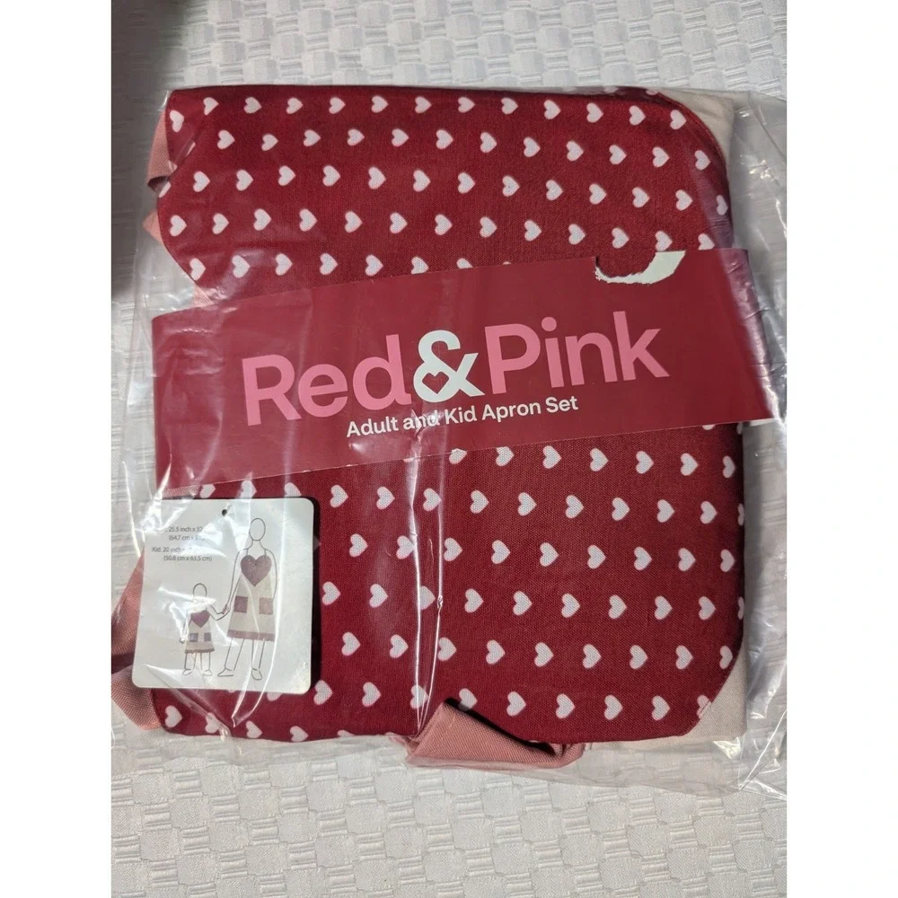 Adult & Kid Apron Set  Pink And Red With Hearts